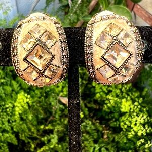 Heidi Daus Clip On Earrings Large Chunky Half Hoop Cream Colored Enamel Crystals